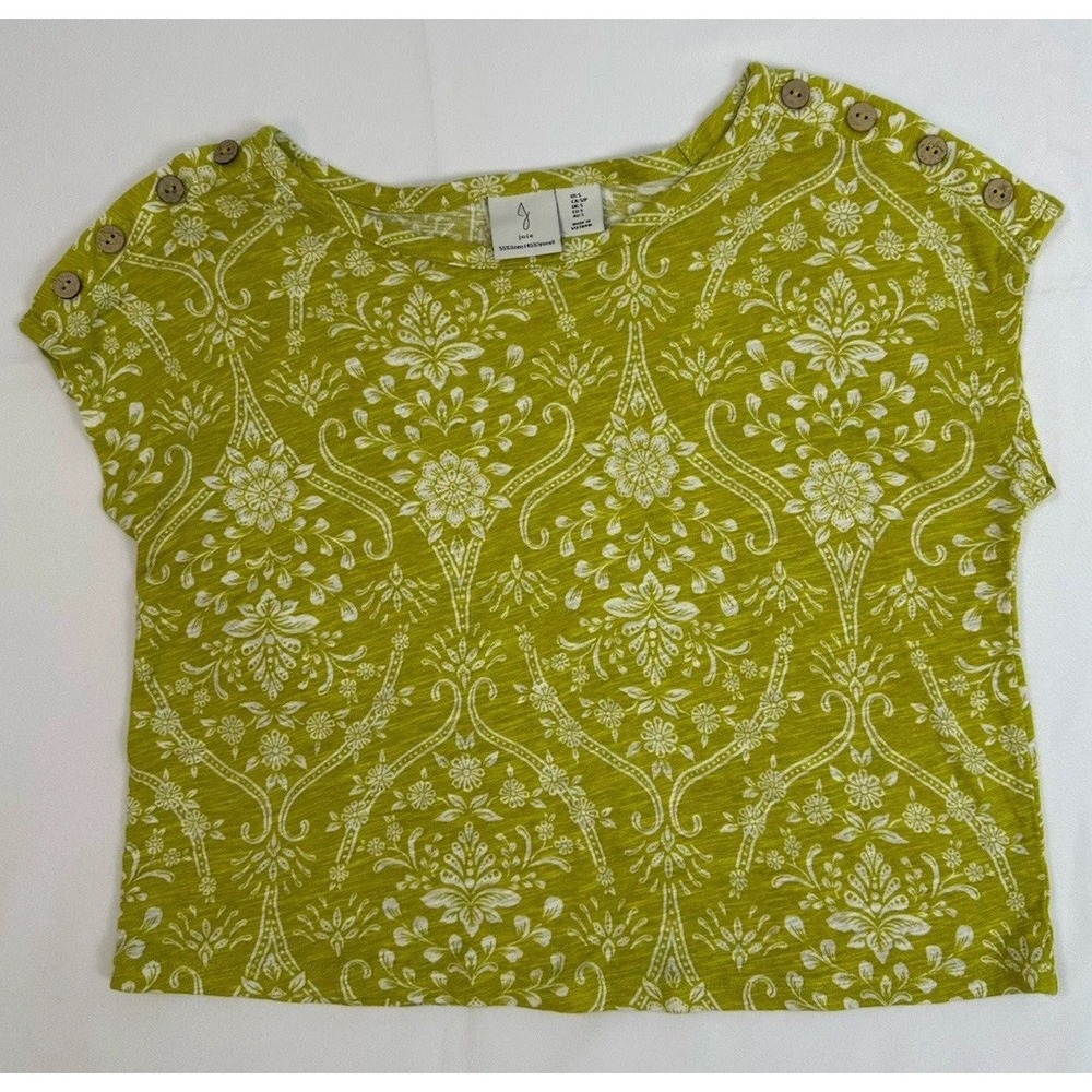 Joie Top Boho Women's Sz S Damask Print Linen Blend Green & White Floral Pattern